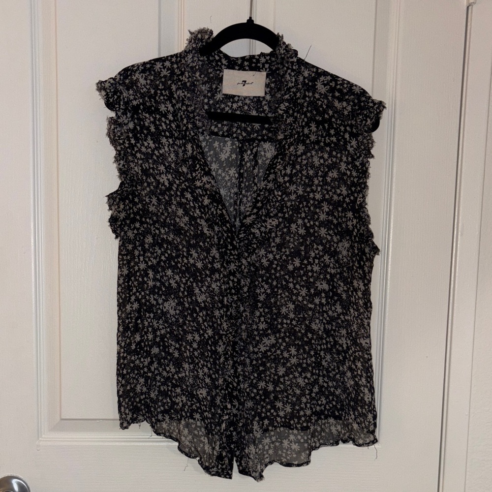 7 For All Mankind Black Sleeveless Floral Ruffle Blouse